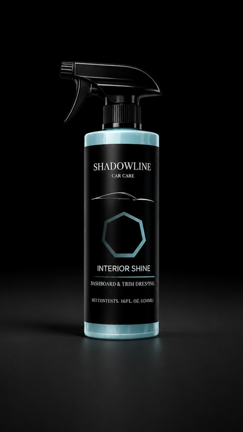 Shadowline interior shine spray bottle on a black background